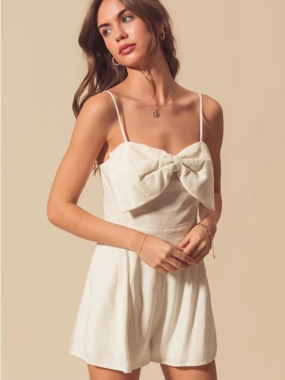 Altar'd State Cream Bow-Front Spaghetti Strap Romper